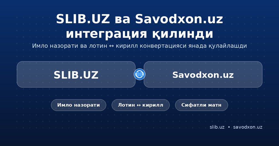 SLIB.UZ va Savodxon.uz integratsiya qilindi: maqolalar matnida imlo nazorati yanada qulaylashdi